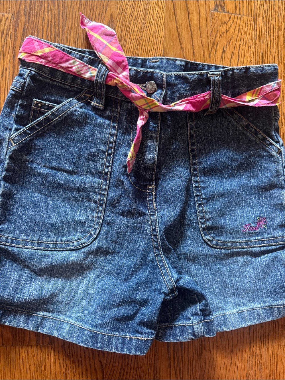 IZOD Blue Denim Shorts with Pink Plaid Belt Girls size 6